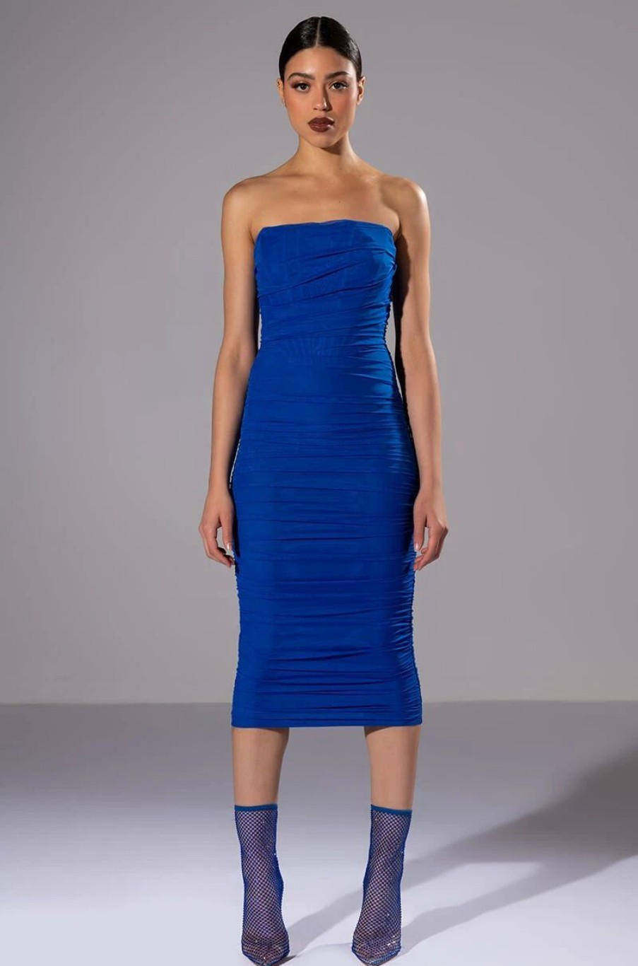 Sexy Dresses * | Late Nights Ruched Corset Midi Dress In Blue