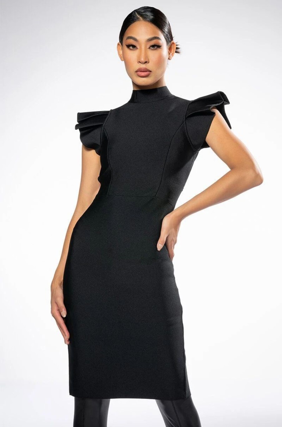 Little Black Dresses * | Editor In Chief Mock Neck Ruffle Sleeve Midi Dress In Black