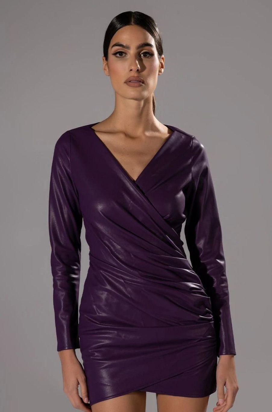 Sexy Dresses * | Amethyst Ruched Faux Leather Long Sleeve Mini Dress Purple