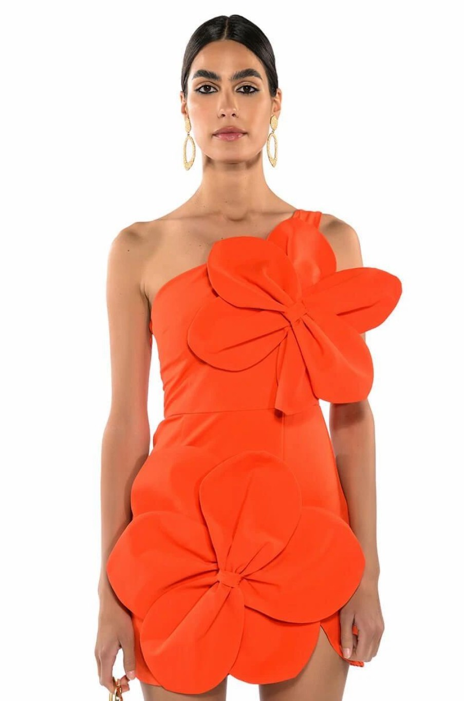 Mini Dresses * | Gemma Floral Detail One Shoulder Mini Dress Orange