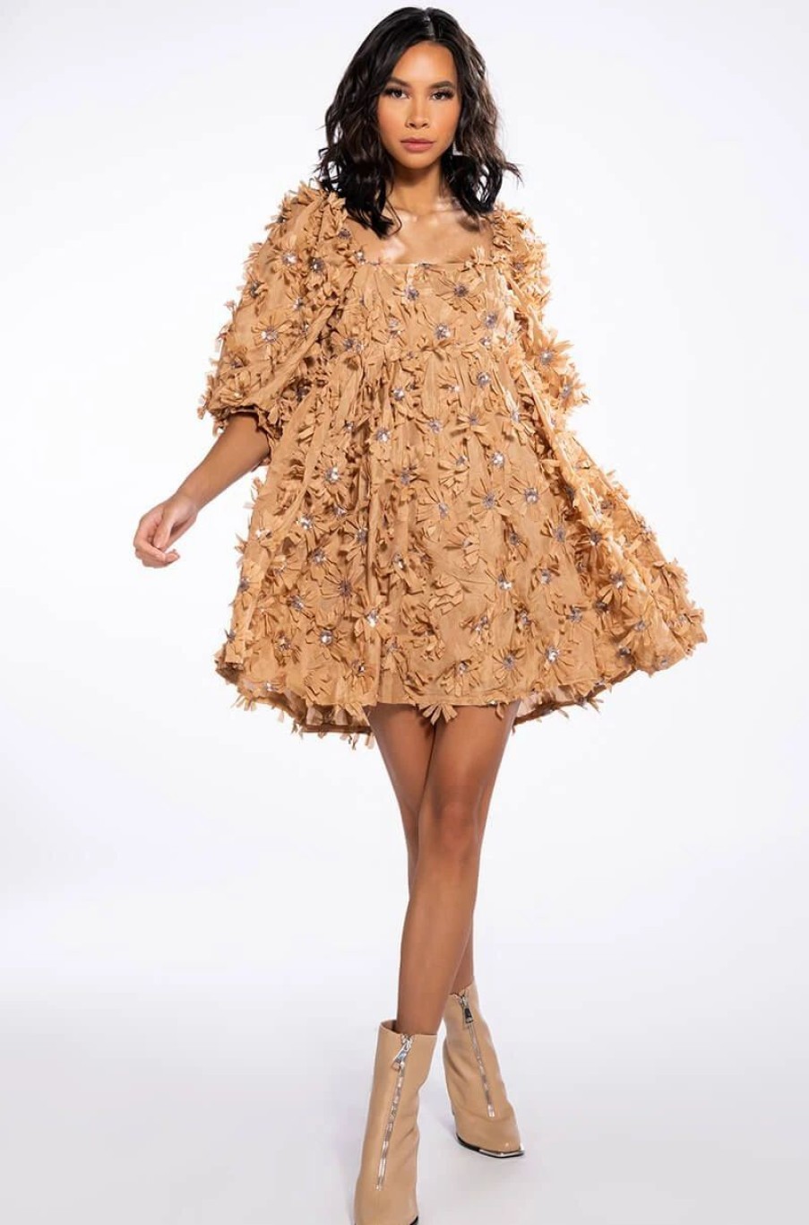 Mini Dresses * | Just A Dream Babydoll Mini Dress Caramel