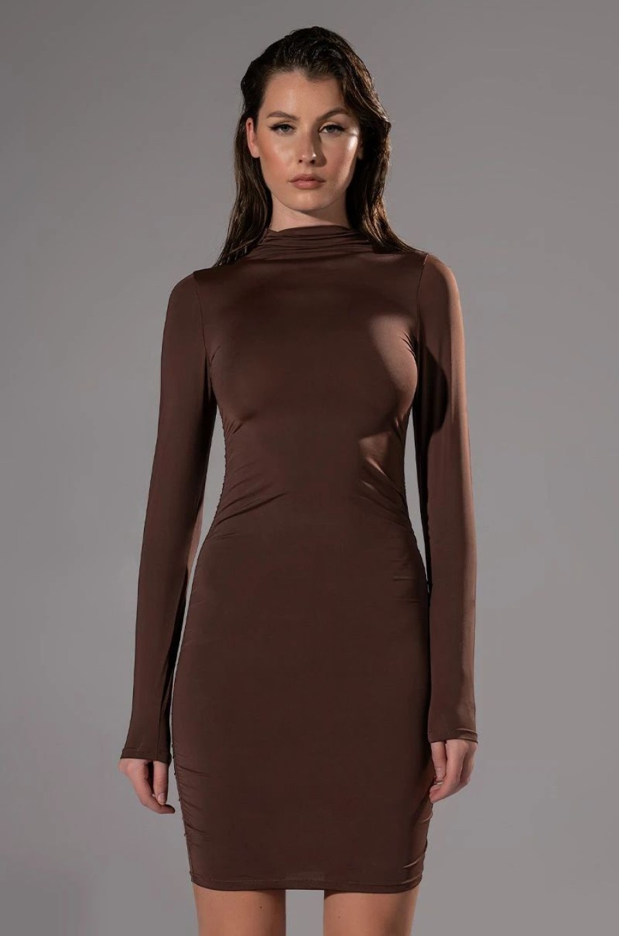 Sexy Dresses * | Paxton Elevate Ruched Long Sleeve Mini Dress Brown