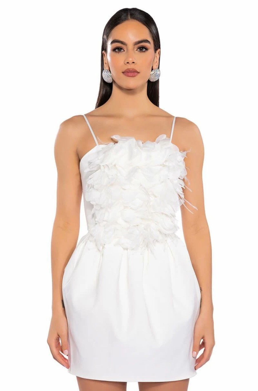 Mini Dresses * | Serve Looks Floral Feather Applique Mini Dress White