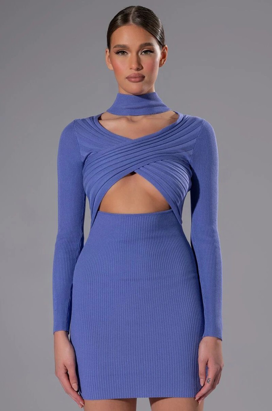 Mini Dresses * | The Good One Cutout Cross Front Mini Sweater Dress Periwinkle