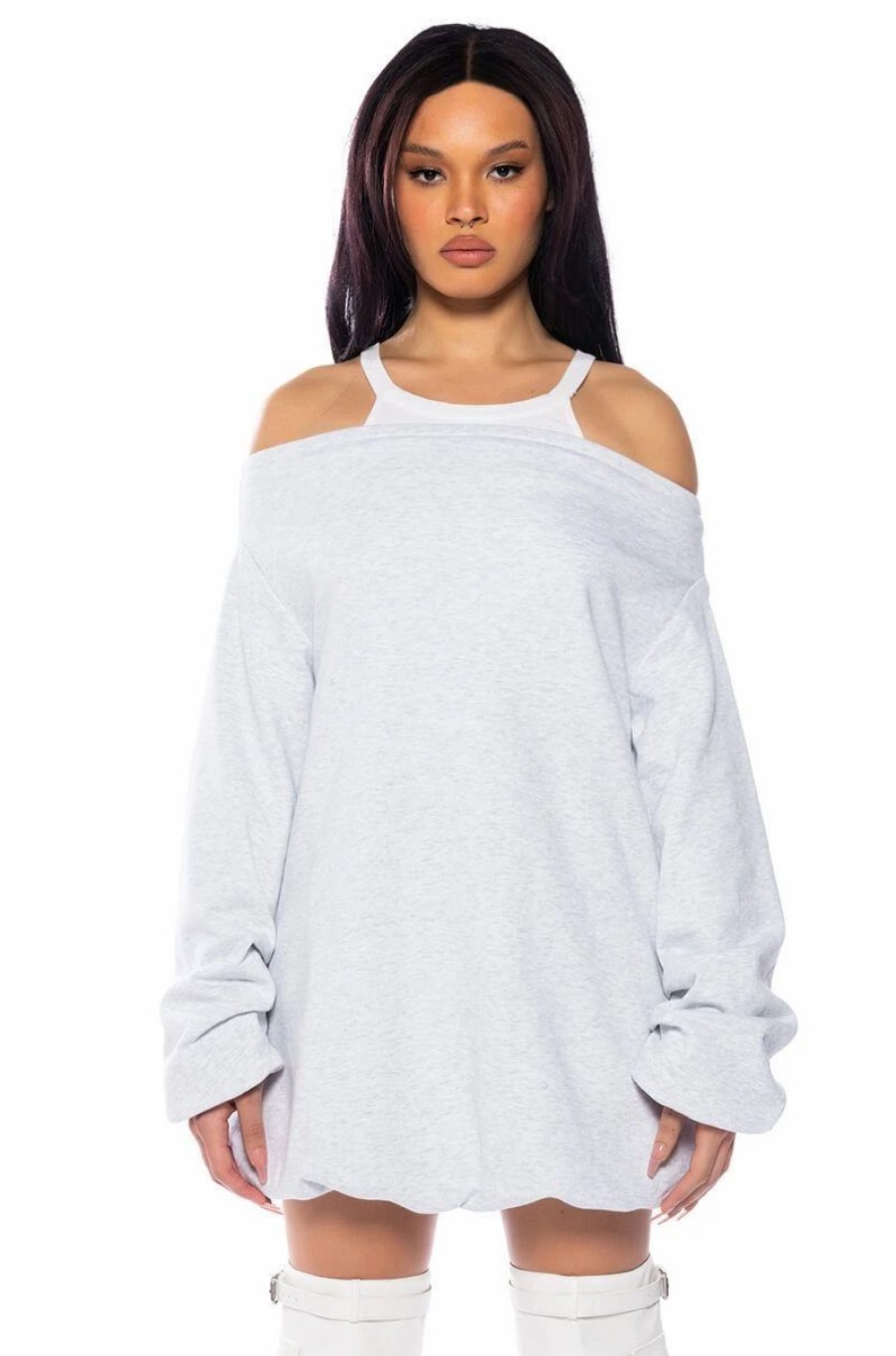 Party Dresses * | Relaxed Cutie French Terry Off The Shoulder Mini Dress Heather Grey