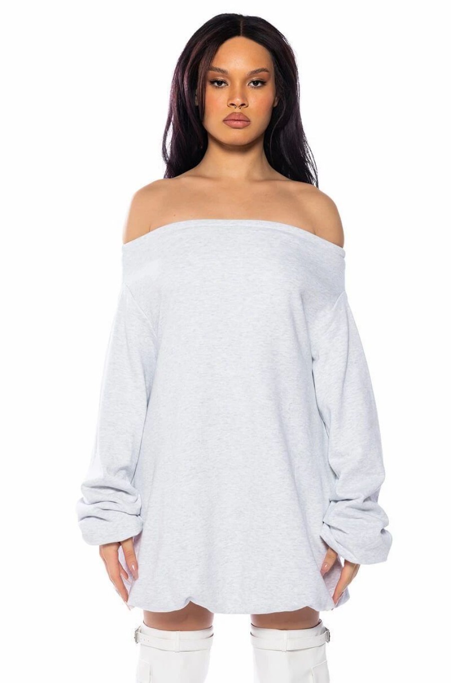 Party Dresses * | Relaxed Cutie French Terry Off The Shoulder Mini Dress Heather Grey