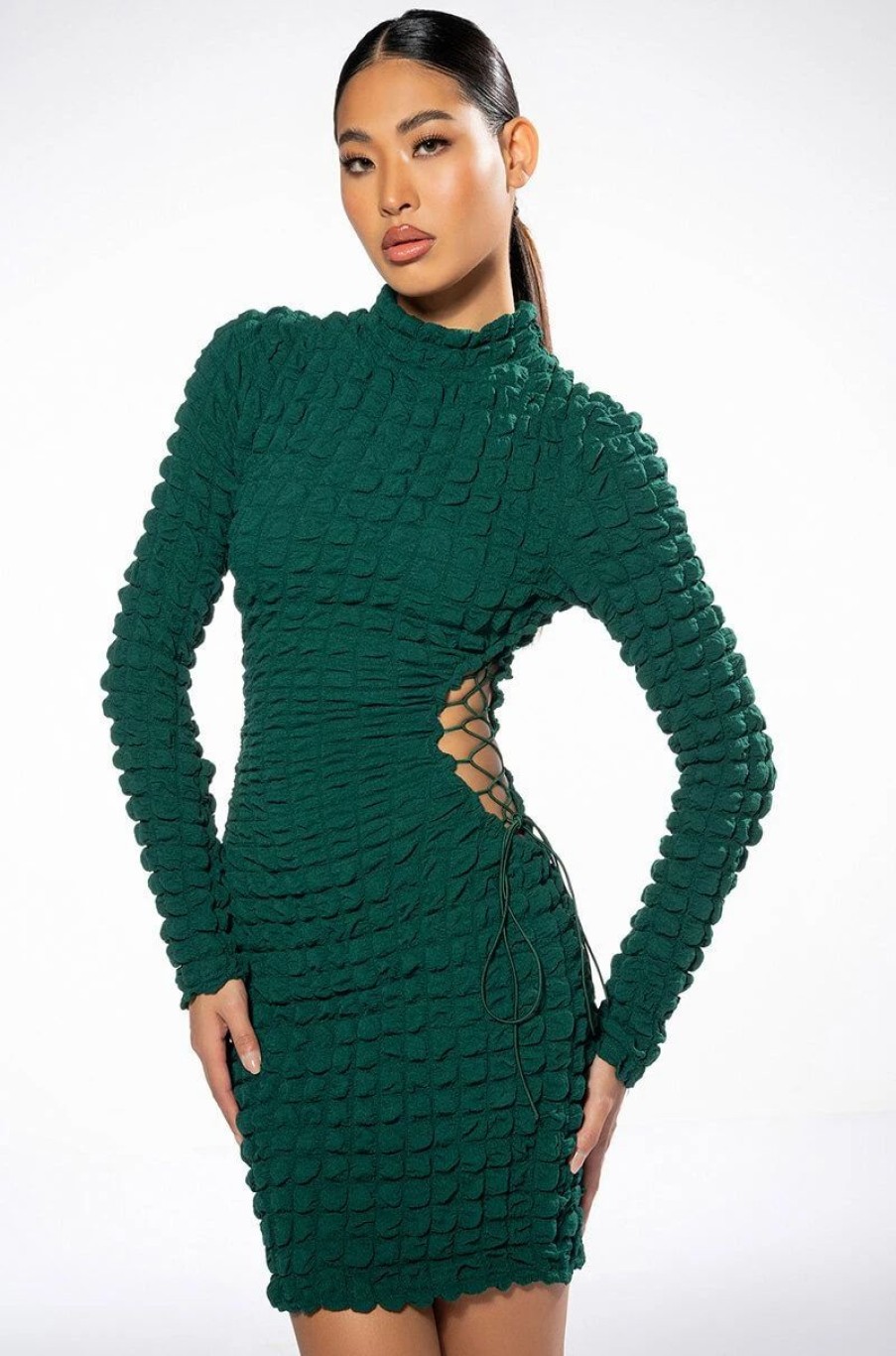 Sexy Dresses * | Tempting Textured Long Sleeve Mini Dress With Cutout Details Green