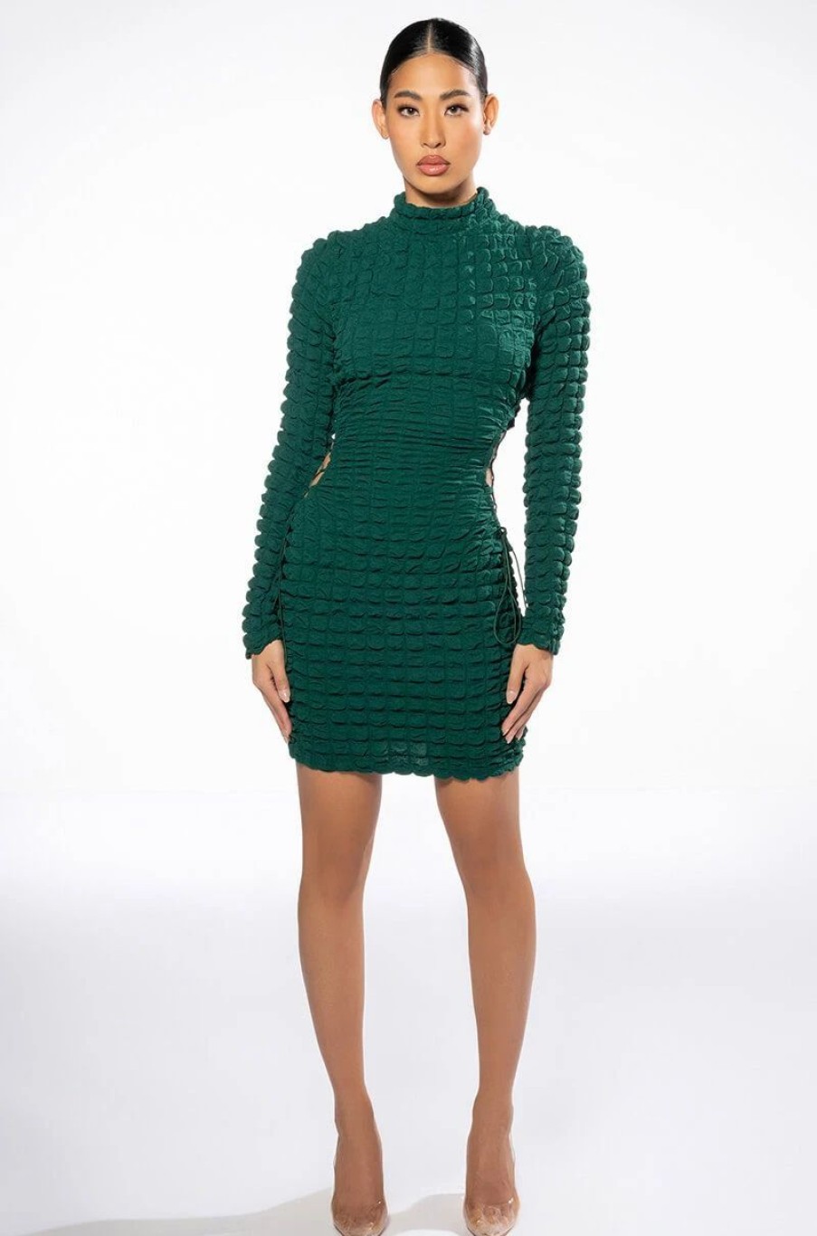 Sexy Dresses * | Tempting Textured Long Sleeve Mini Dress With Cutout Details Green