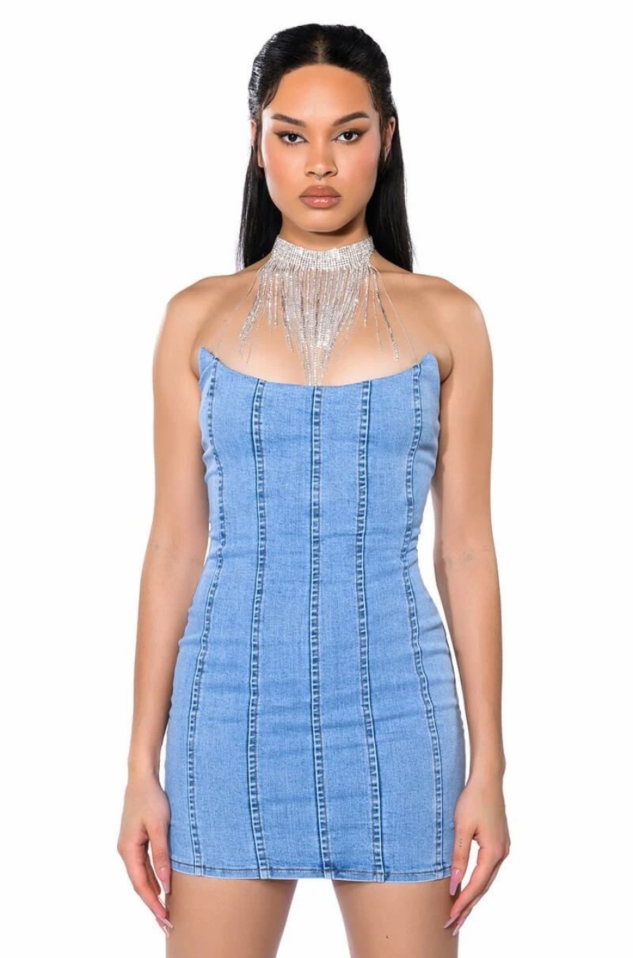 Sexy Dresses * | Giving Popstar Denim Mini Dress Light Blue Denim