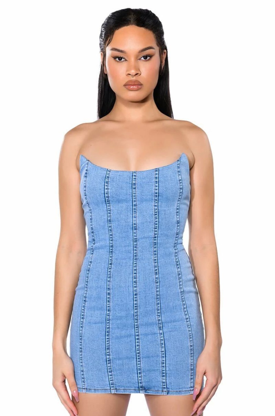 Sexy Dresses * | Giving Popstar Denim Mini Dress Light Blue Denim