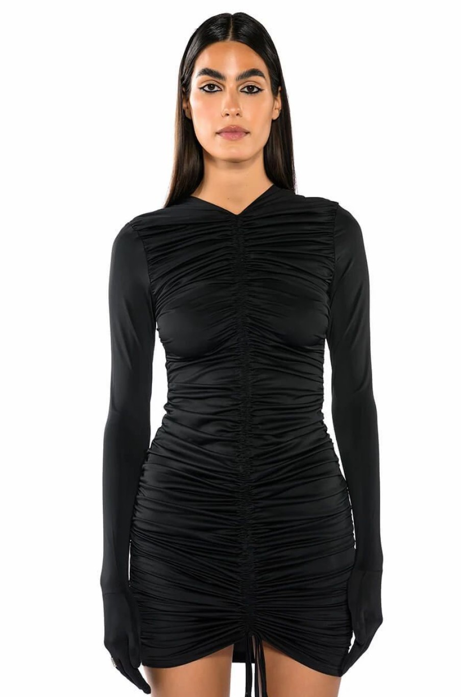 Sexy Dresses * | All That Ruched Bodycon Gloved Mini Dress In Black