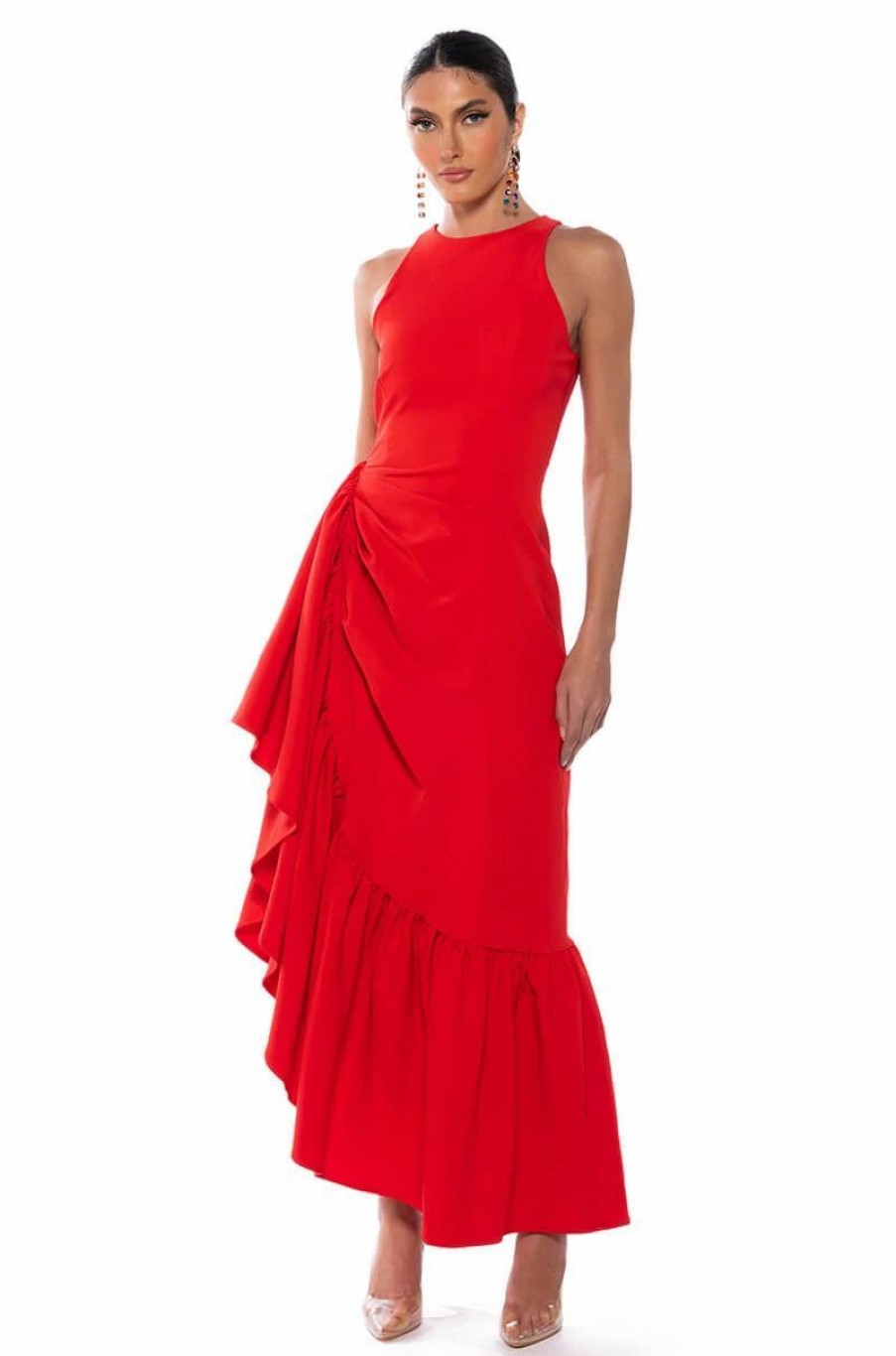 Sexy Dresses * | Dance With Me Ruched Waist Sleeveless Maxi Dress Red