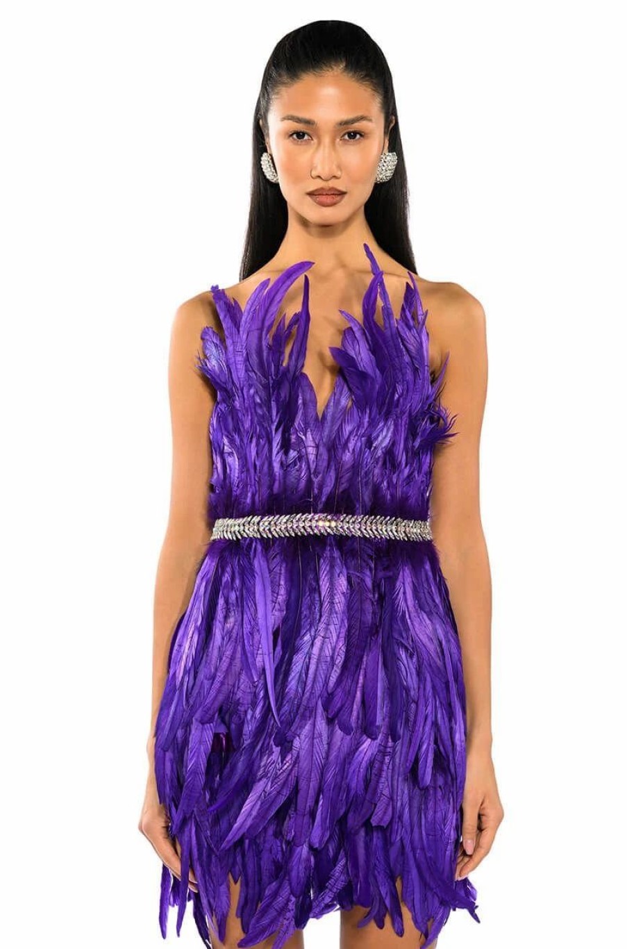 Mini Dresses * | Vibrant All Over Embellished Feather Strapless Mini Dress Purple