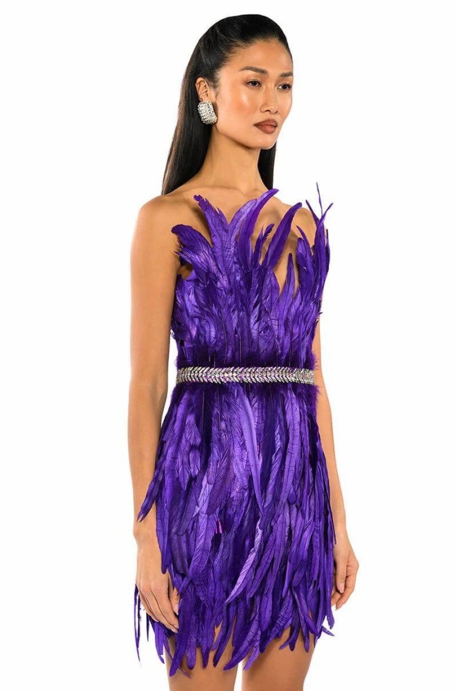 Mini Dresses * | Vibrant All Over Embellished Feather Strapless Mini Dress Purple