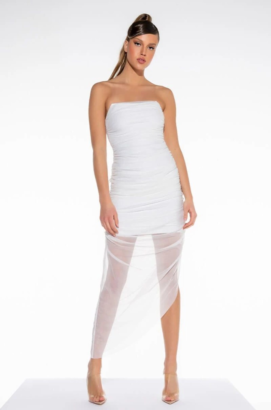 Sexy Dresses * | Love Me More Tube Ruched Mesh Midi Dress