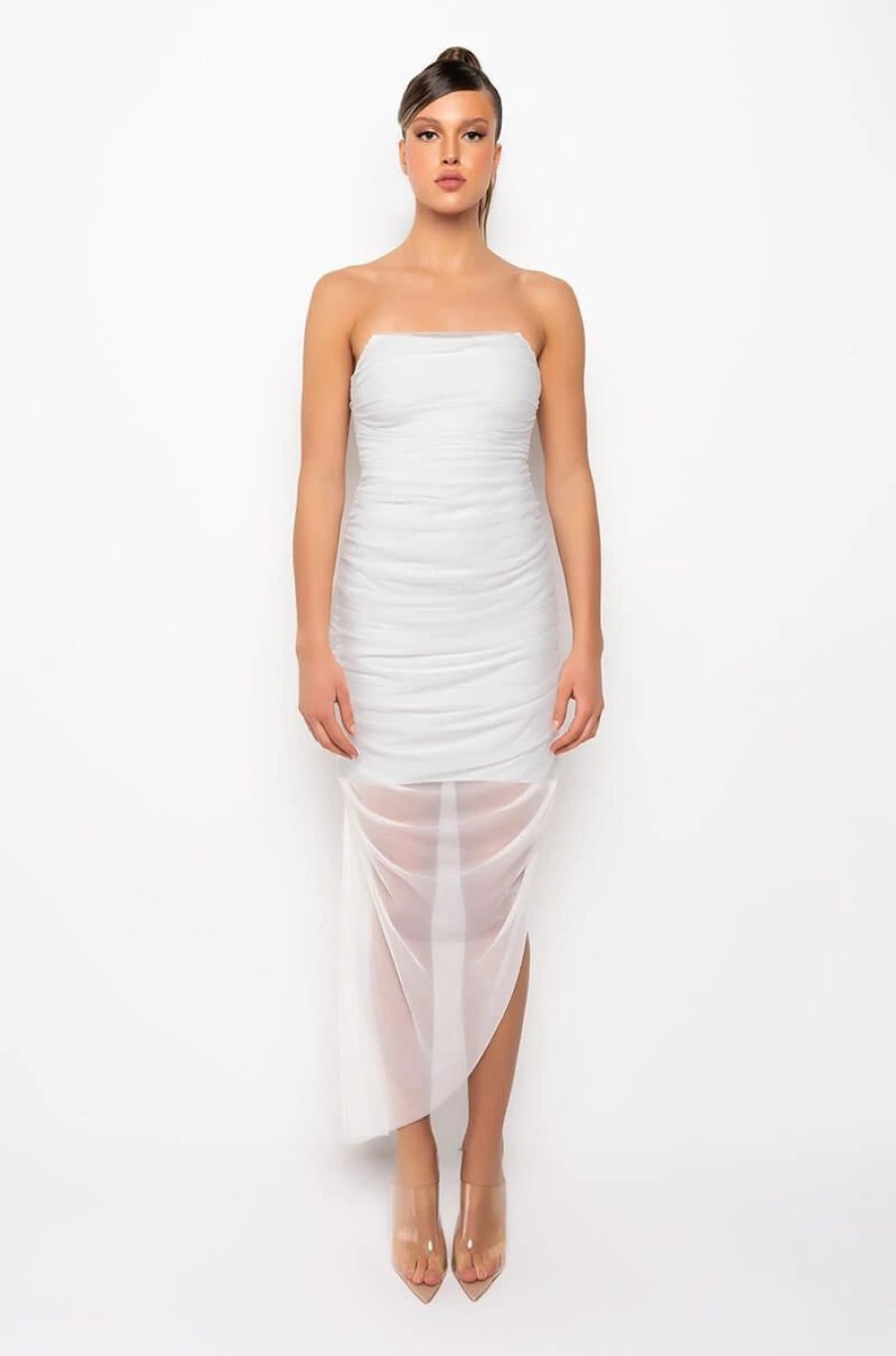 Sexy Dresses * | Love Me More Tube Ruched Mesh Midi Dress