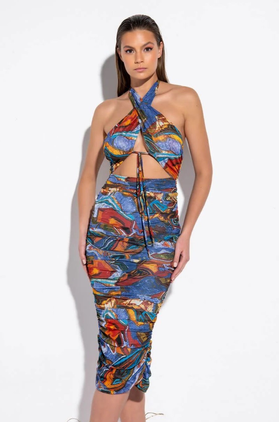 Sexy Dresses * | Take Me There Wrap Top Midi Dress Blue Multi