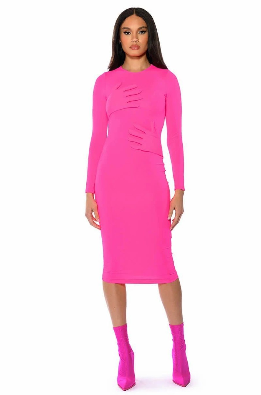 Party Dresses * | Hold On Bodycon Long Sleeve Midi Dress Fuchsia