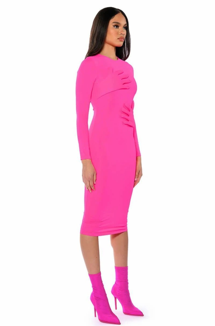 Party Dresses * | Hold On Bodycon Long Sleeve Midi Dress Fuchsia