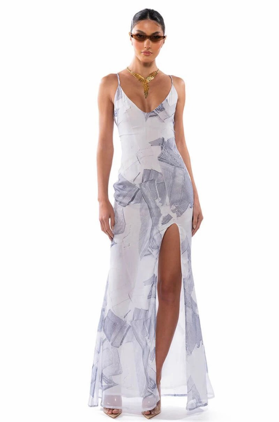 Maxi Dresses * | Love To Love You Denim Print Slit Maxi Dress Blue Multi