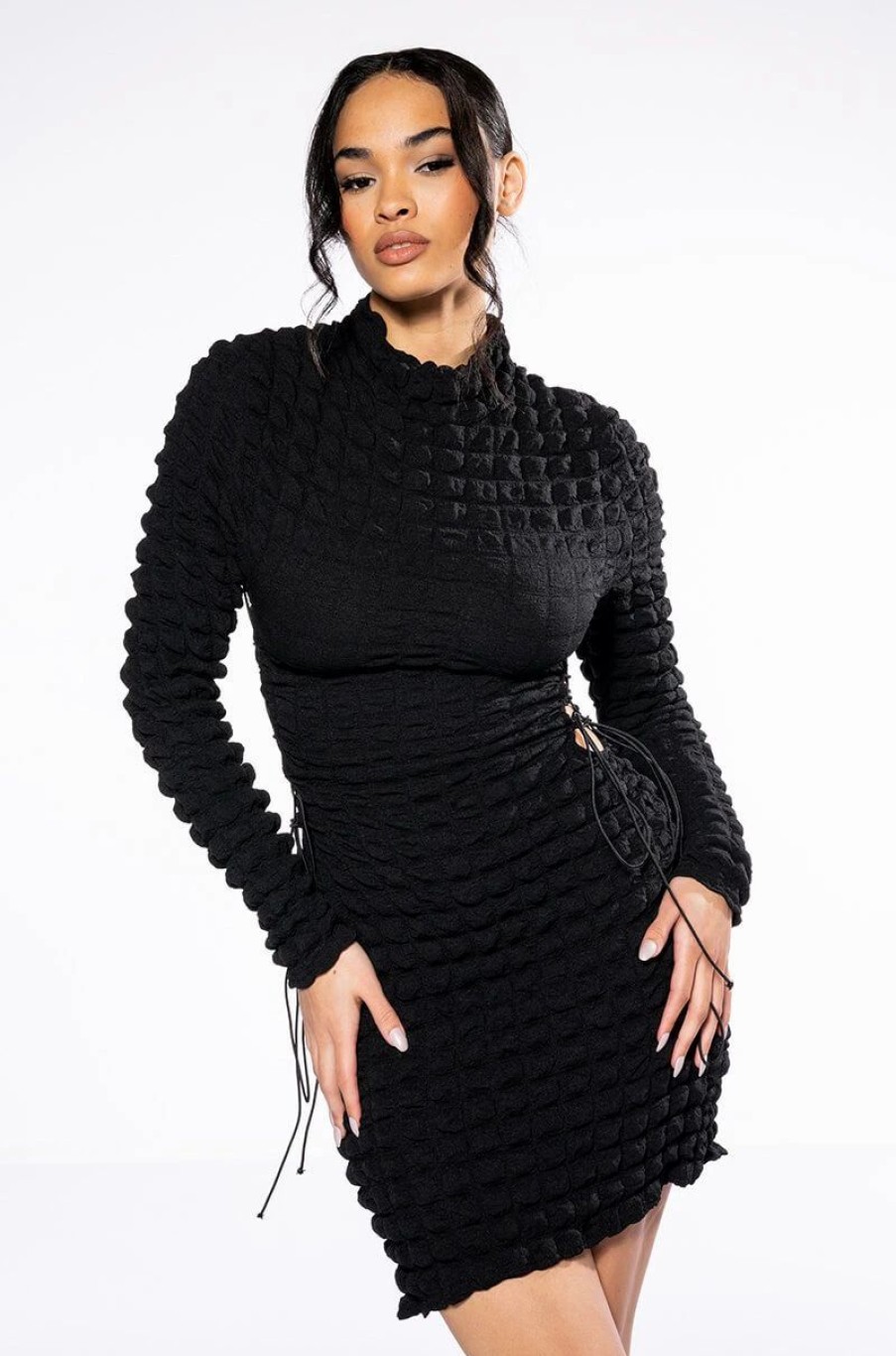 Sexy Dresses * | Sultry Long Sleeve Mock Neck Cut Out Mini Dress Black