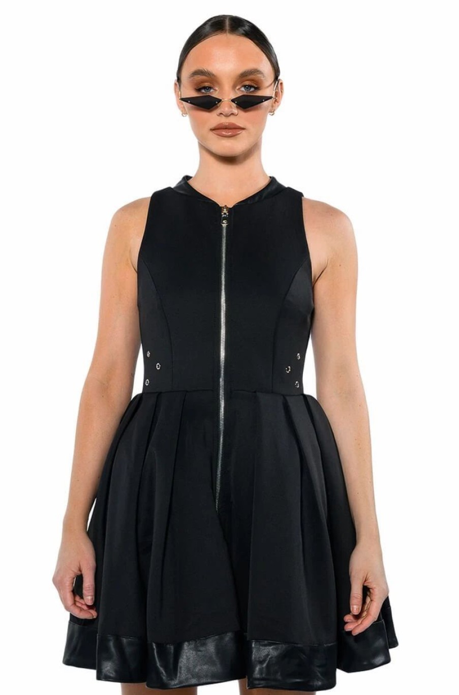 Mini Dresses * | Goodie Zip Down Pleated A Line Dress Black