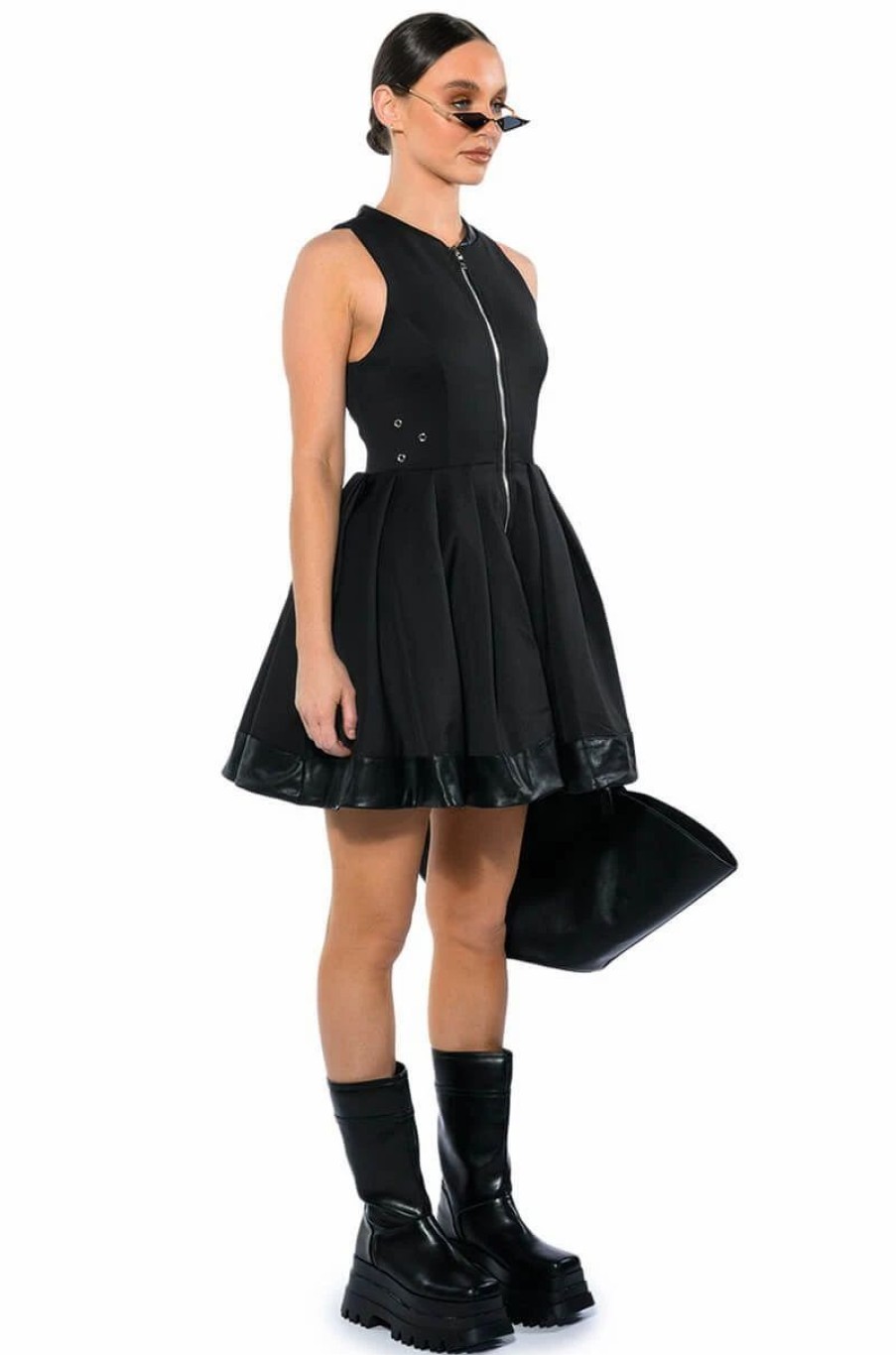 Mini Dresses * | Goodie Zip Down Pleated A Line Dress Black