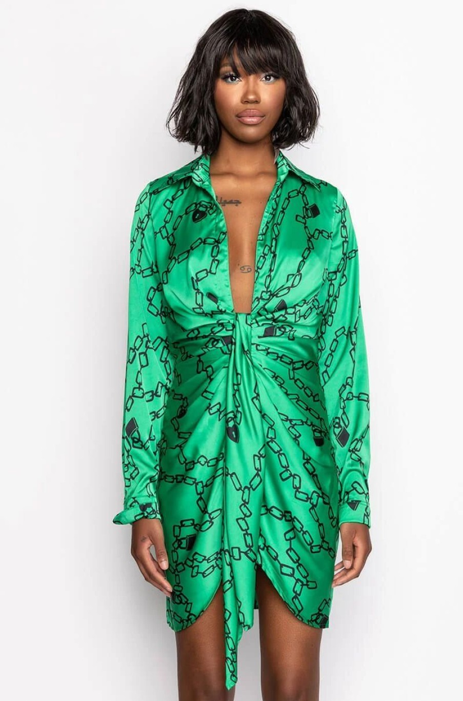 Sexy Dresses * | Chain Of Love Satin Shirt Dress Green Multi