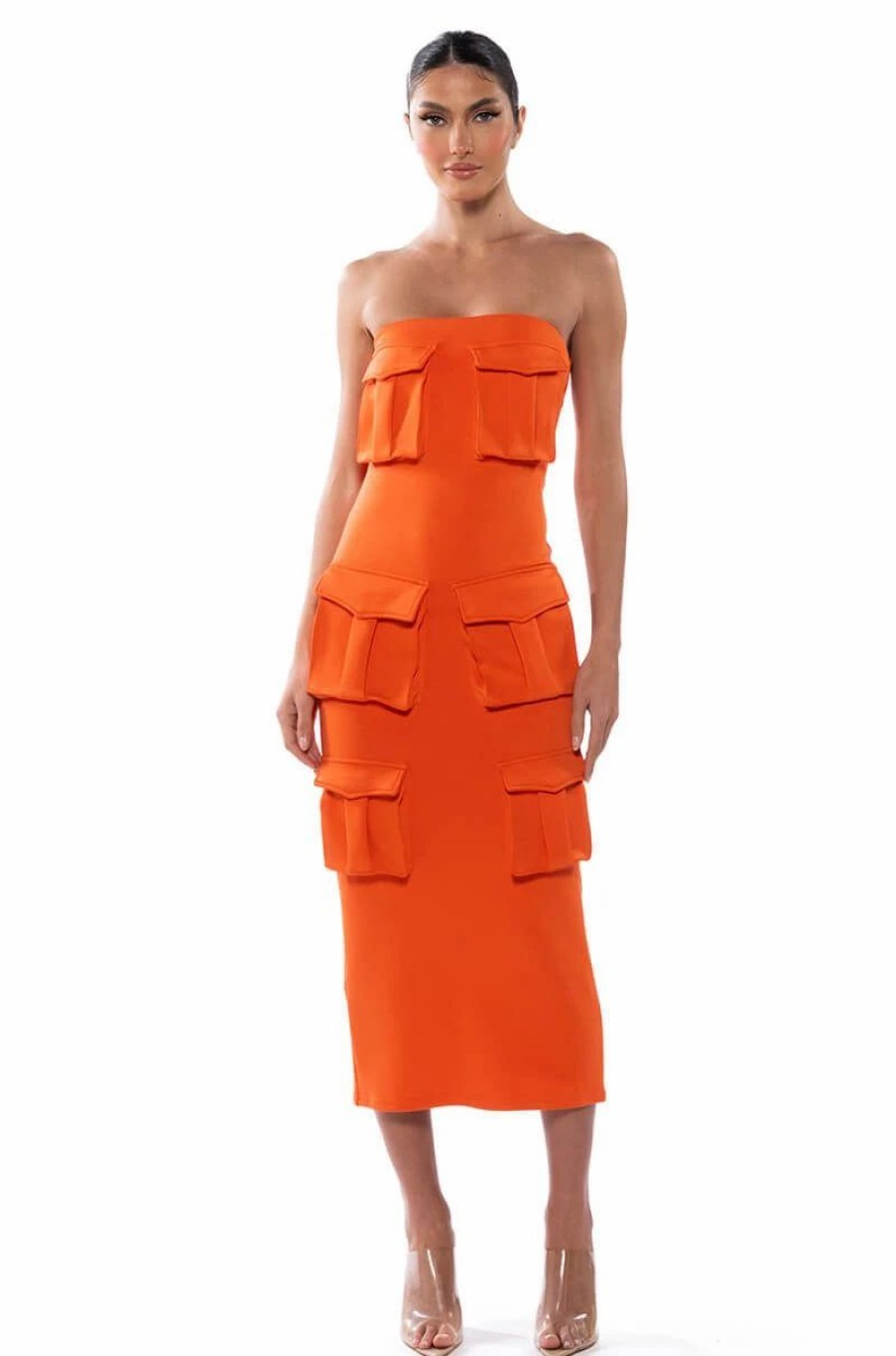 Sexy Dresses * | Utility Detail Strapless Midi Dress Orange