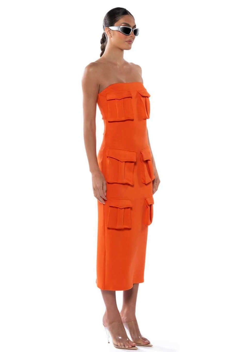 Sexy Dresses * | Utility Detail Strapless Midi Dress Orange