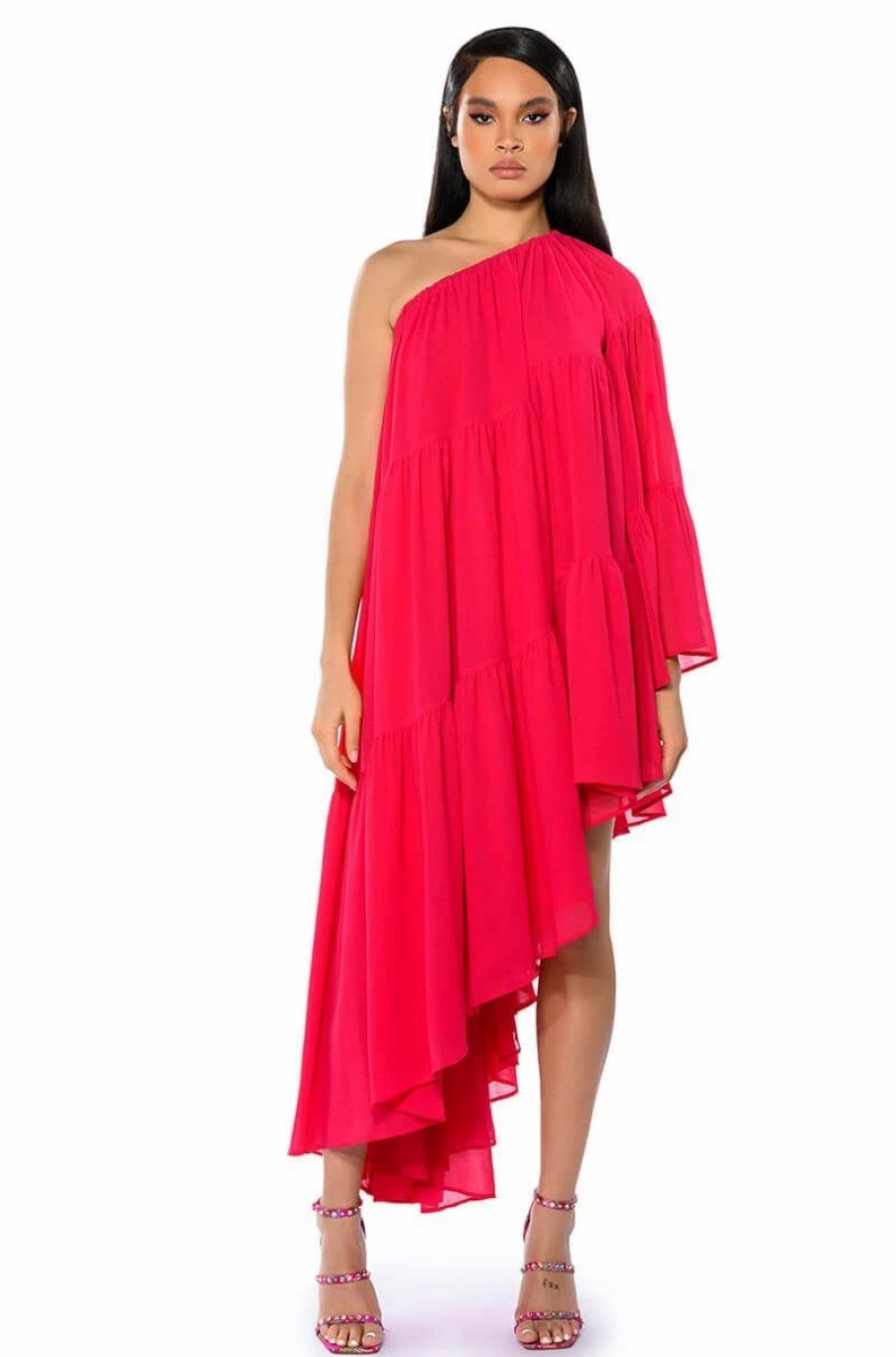 Maxi Dresses * | Harlow One Shoulder Asymmetrical Maxi Dress Pink