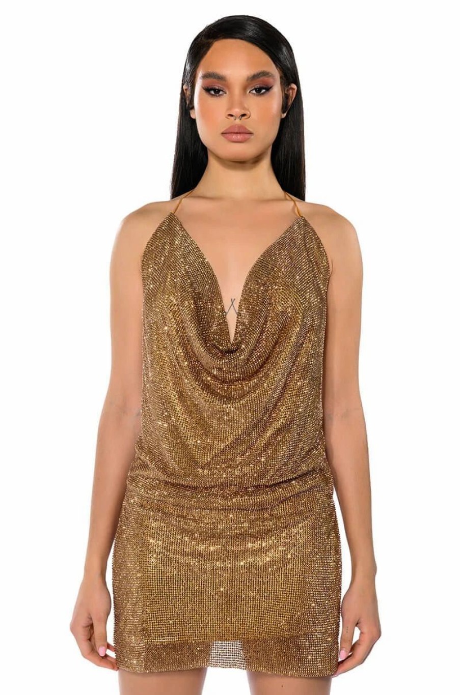 Sexy Dresses * | Exceptional Rhinestone Chainmail Mini Dress Gold