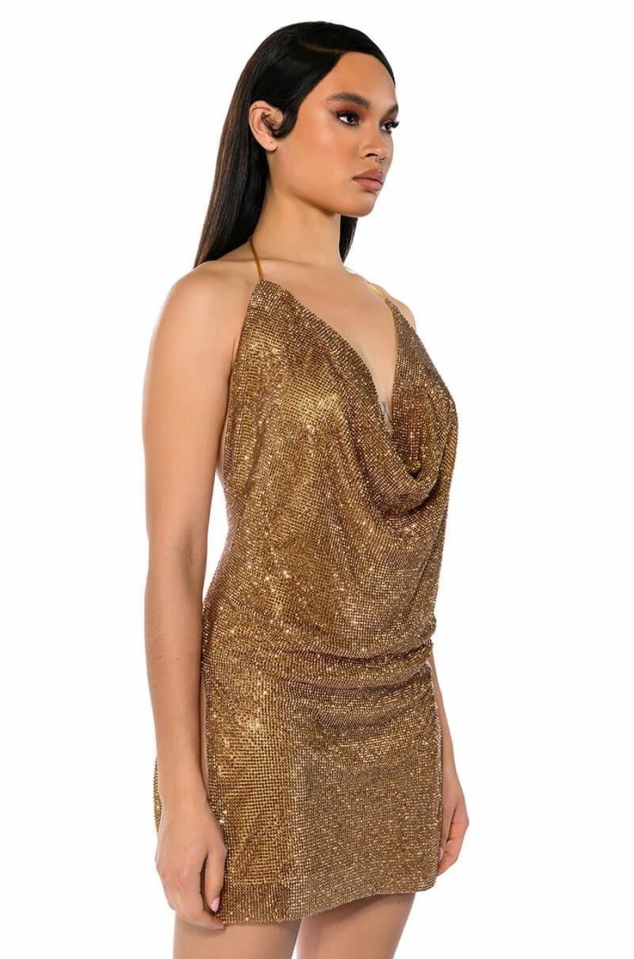 Sexy Dresses * | Exceptional Rhinestone Chainmail Mini Dress Gold