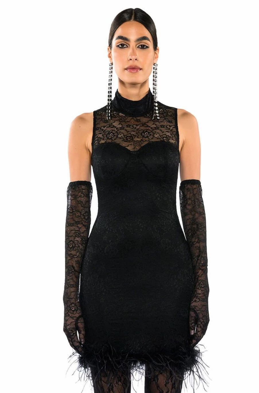 Sexy Dresses * | Holly Stretch Lace Feather Trim Mini Dress With Gloves Black