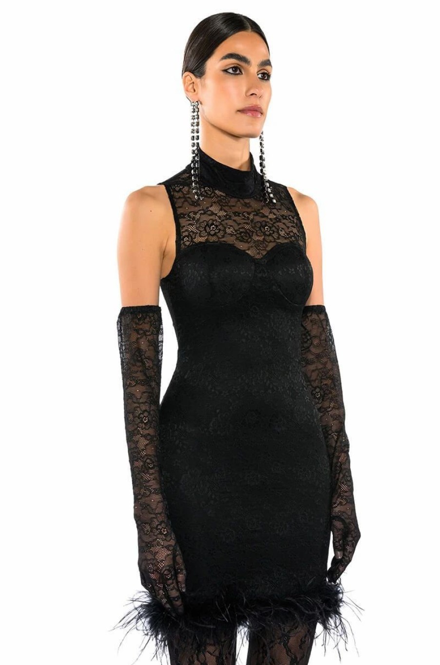 Sexy Dresses * | Holly Stretch Lace Feather Trim Mini Dress With Gloves Black