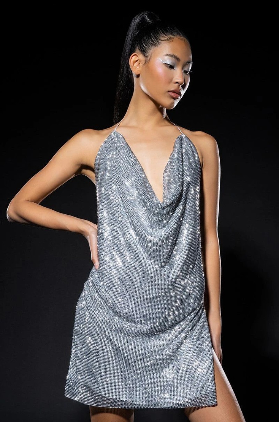 Party Dresses * | Call Me Your Highness Cowl Neck Rhinestone Sparkle Mini Dress Silver