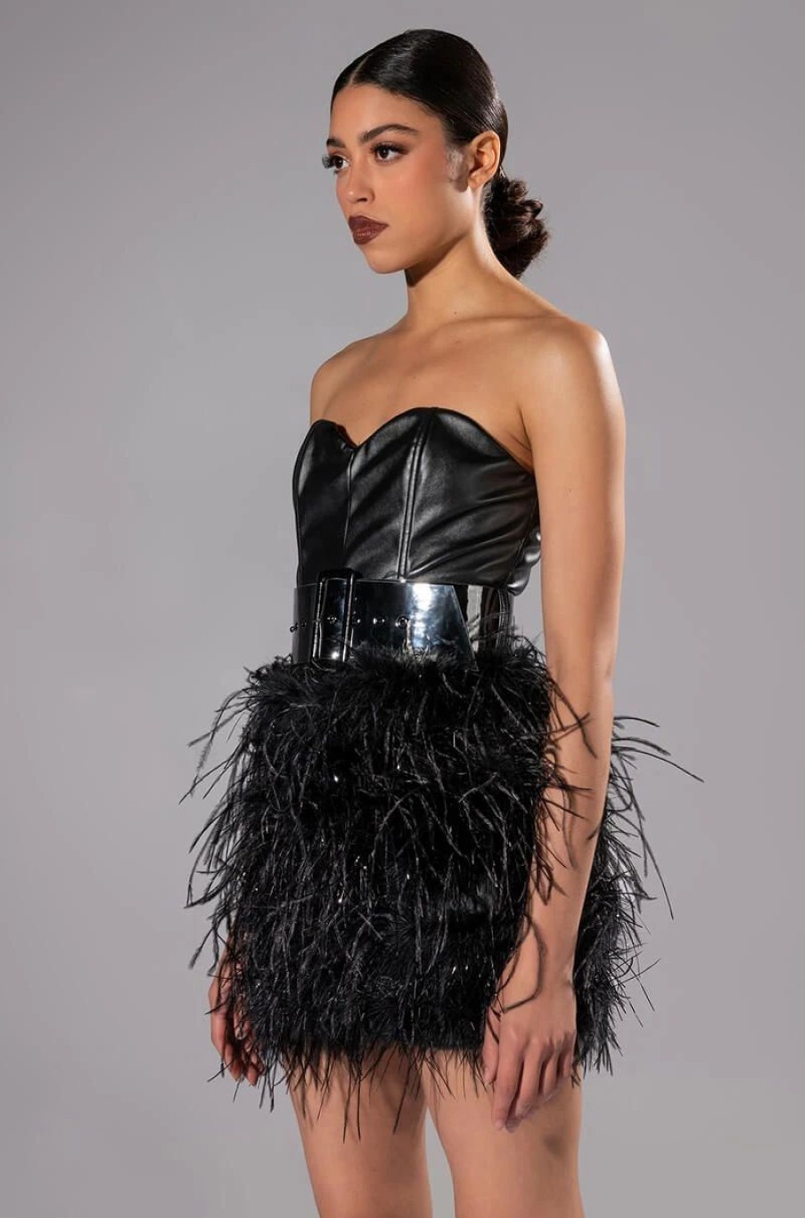 Party Dresses * | Malia Faux Leather Feather Skirt Strapless Mini Dress Black