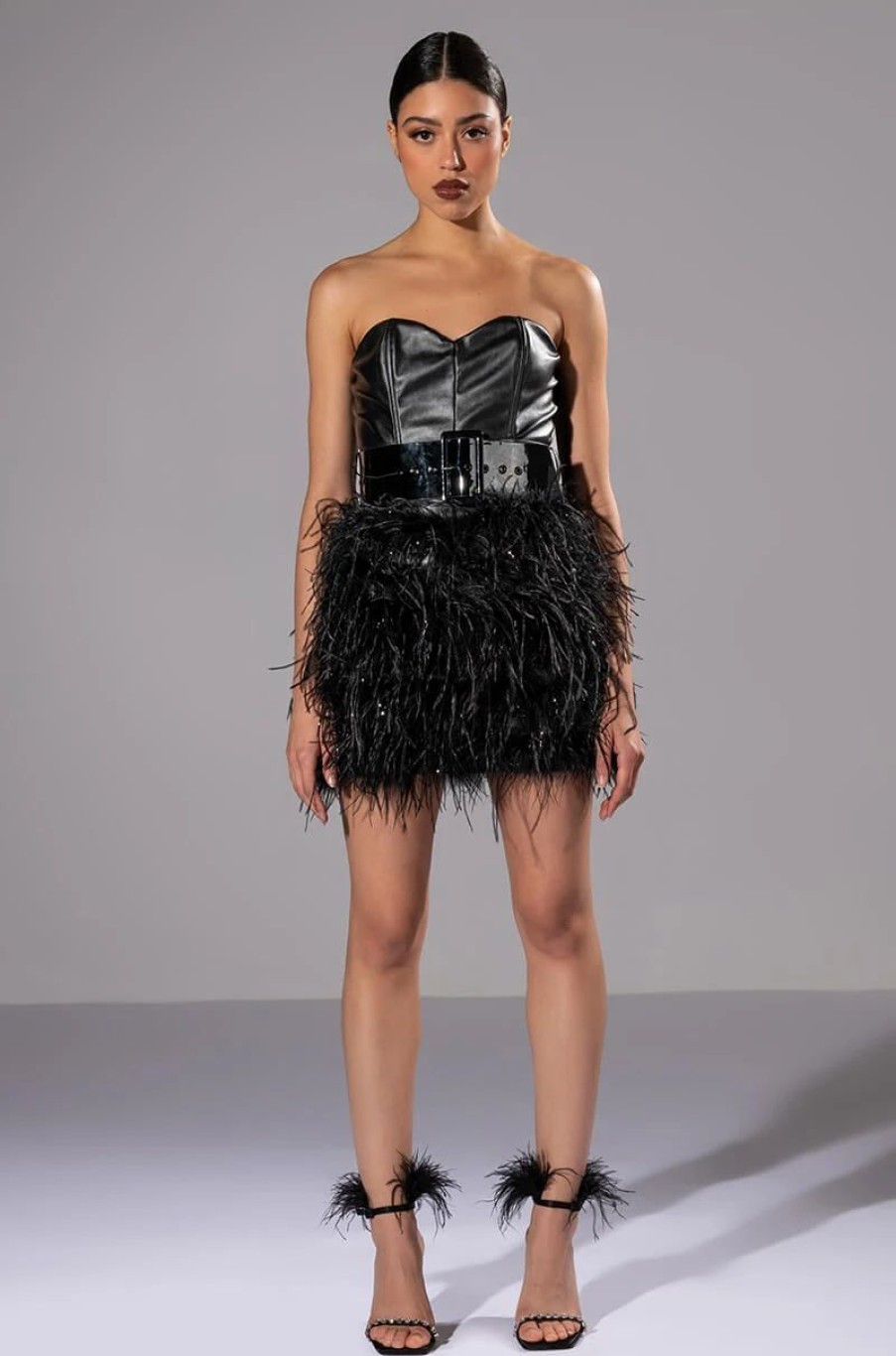 Party Dresses * | Malia Faux Leather Feather Skirt Strapless Mini Dress Black