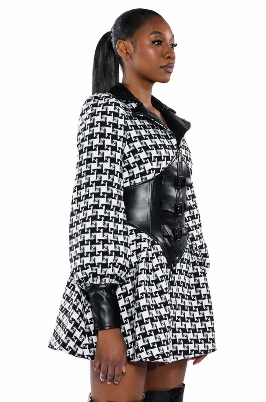 Mini Dresses * | New On The Block Houndstooth Mini Dress Black White