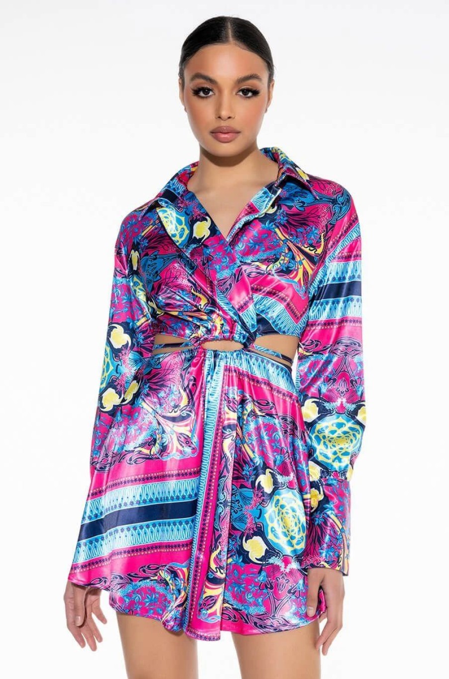 Mini Dresses * | Tie Back Scarf Print Shirt Dress Blue Multi