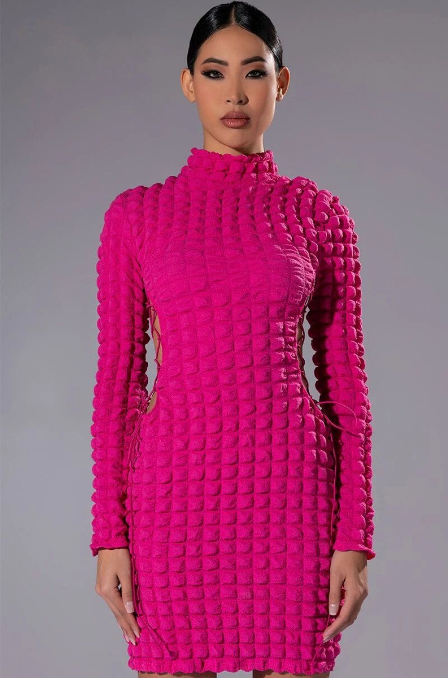 Mini Dresses * | Sultry Long Sleeve Mock Neck Cut Out Mini Dress Fuchsia