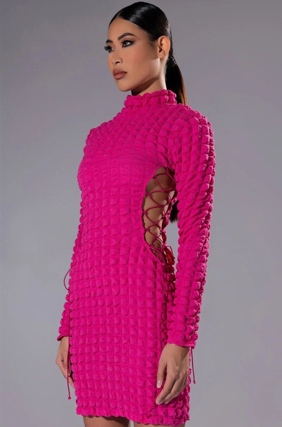 Mini Dresses * | Sultry Long Sleeve Mock Neck Cut Out Mini Dress Fuchsia