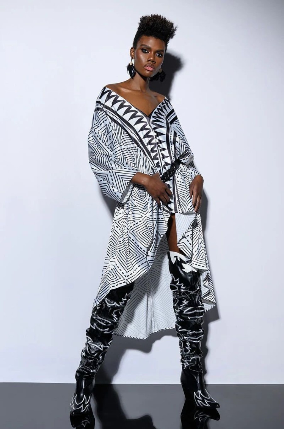 Maxi Dresses * | Kona Printed High Low Kaftan Maxi Dress Black White