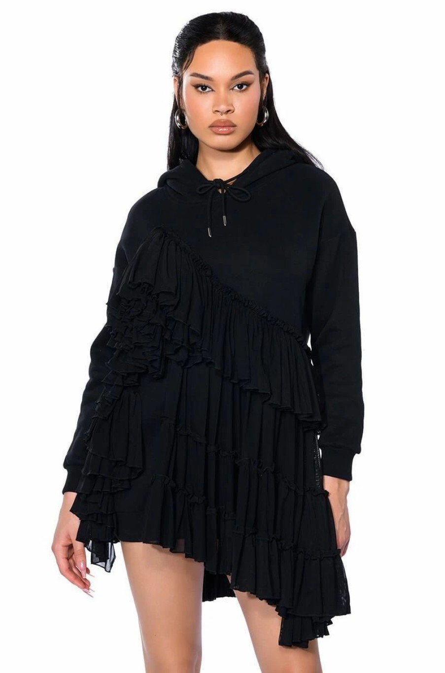 Mini Dresses * | Lou Lou Ruffle Detail Hoodie Dress Black