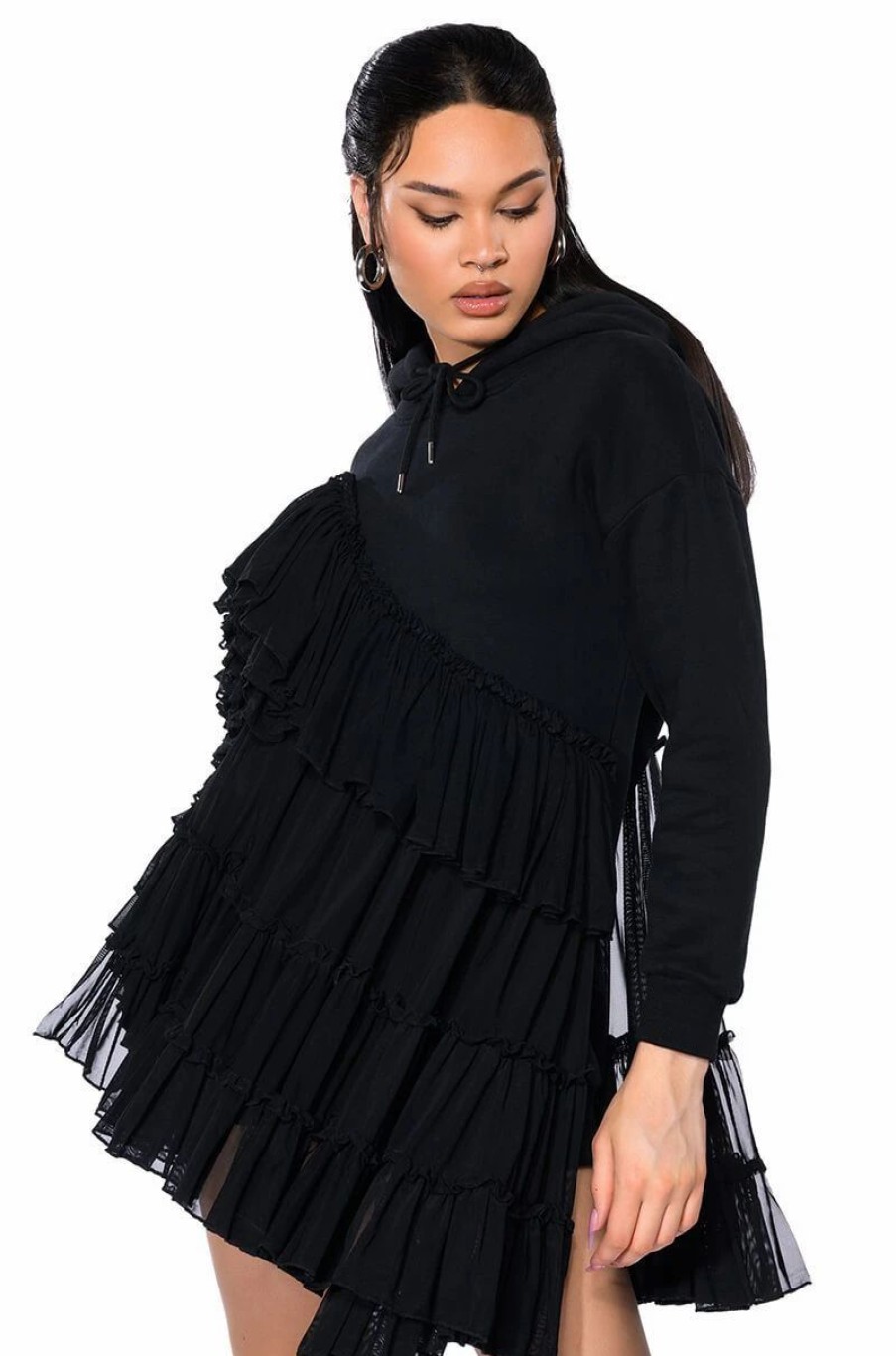 Mini Dresses * | Lou Lou Ruffle Detail Hoodie Dress Black