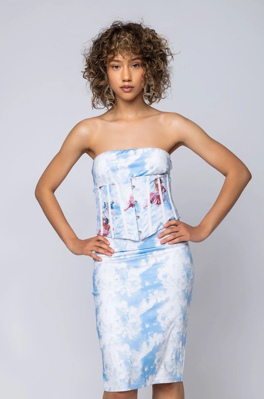 Party Dresses * | That'S On Me Baby Tube Bodycon Midi Dress With Attached Corset Blue Multi