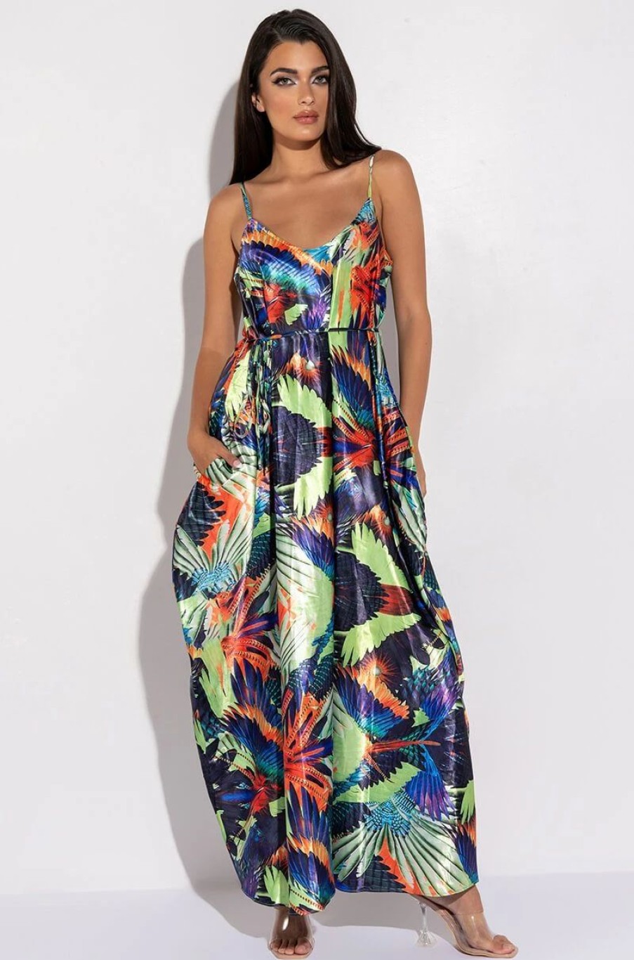 Maxi Dresses * | Babes Of Paradise Satin Maxi Dress Yellow Multi