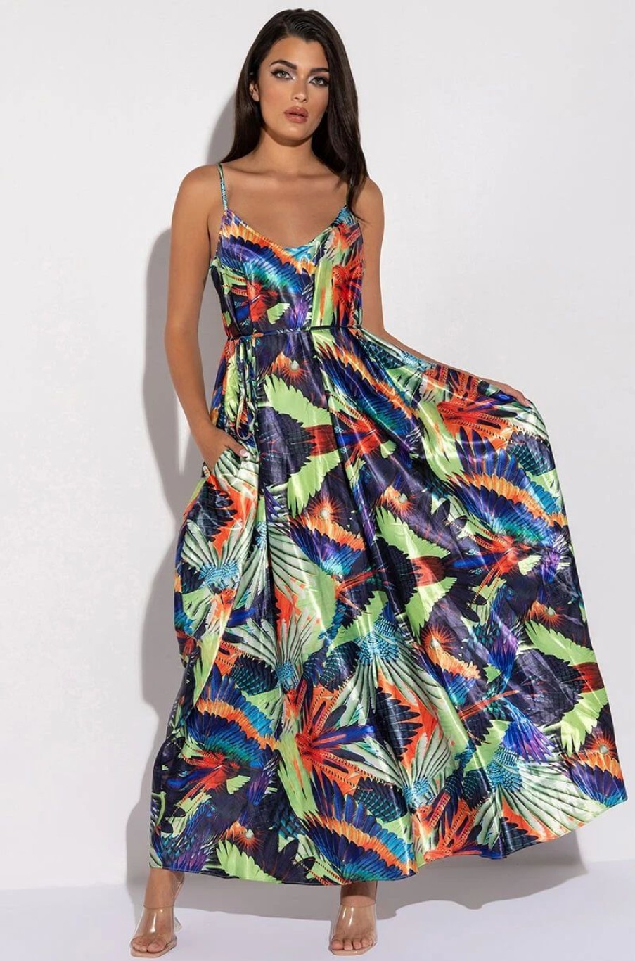 Maxi Dresses * | Babes Of Paradise Satin Maxi Dress Yellow Multi