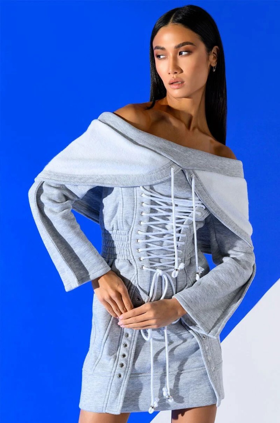 Mini Dresses * | Tied Up In Love Corset Long Sleeve Sweatshirt Dress Heather Grey