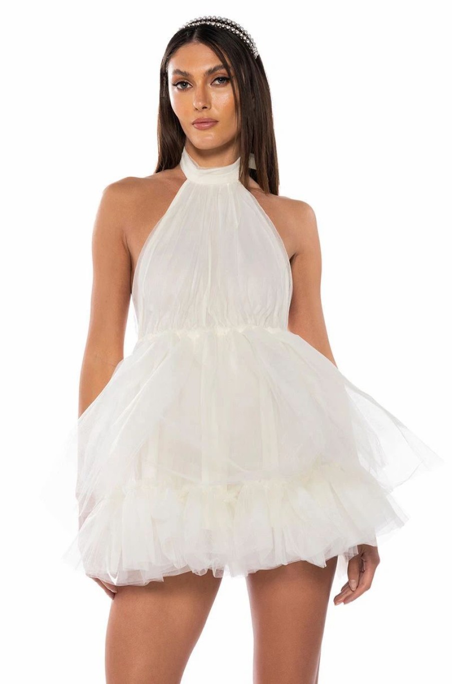 Sexy Dresses * | Darling Diva Tulle Halter Neck Mini Dress In Cream